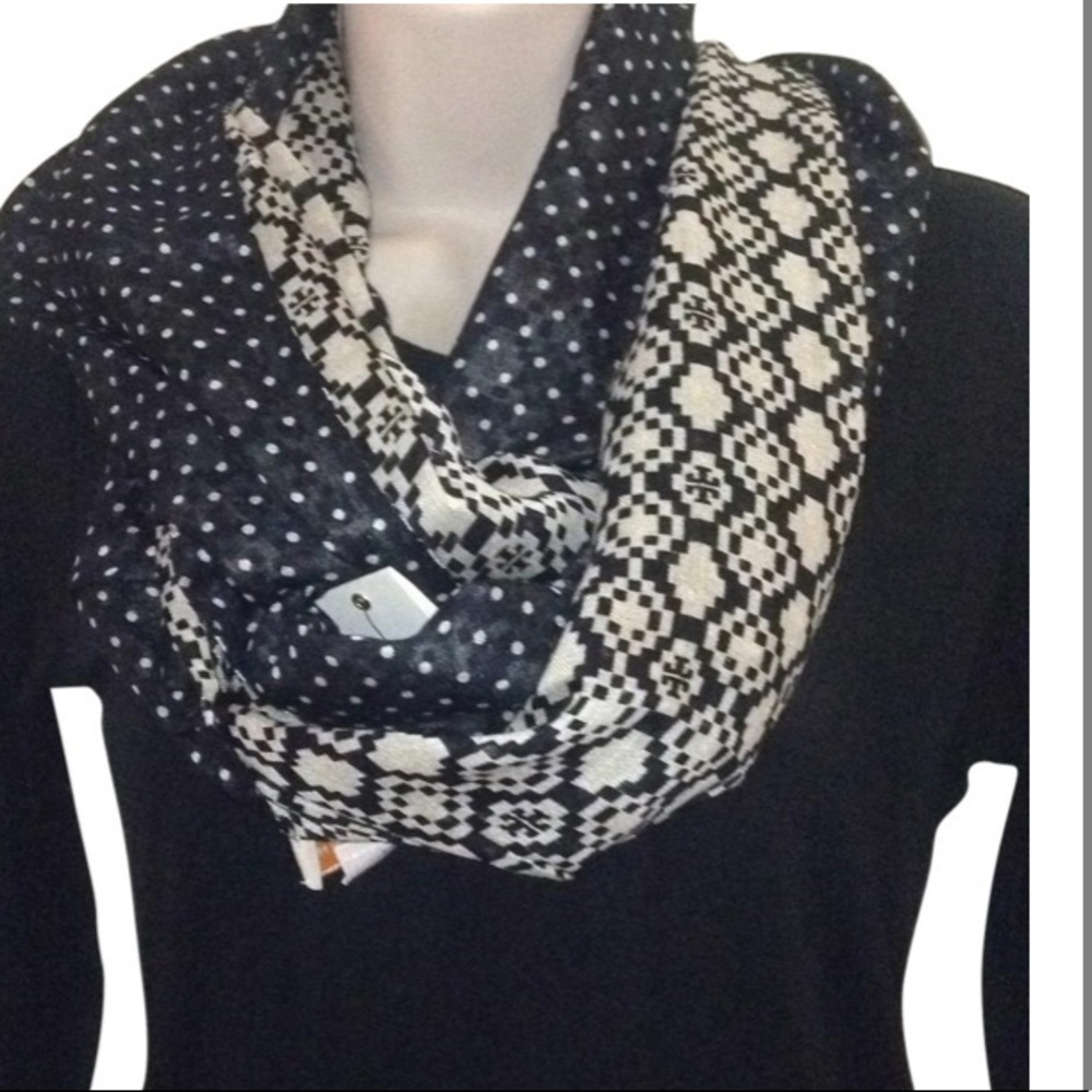 Tory Burch, Black Mini Dot Infinity Scarf/Wrap